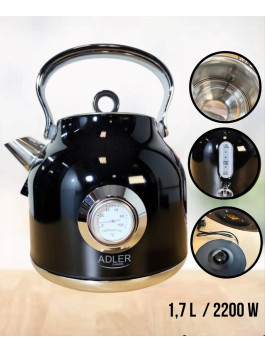 Електрочайник Adler AD 1346 з термометром 1,7 л, 2200 w (чорний)