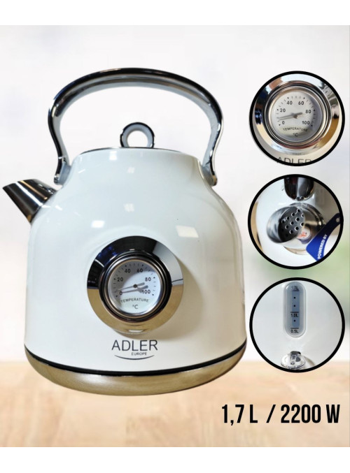 Електрочайник Adler AD 1346 з термометром 1,7 л, 2200 w (білий)