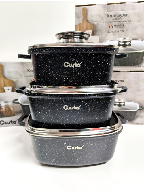 Набір квадратних каструль з антипригарним покриттям Gusto CERAMIC SNOW чорний Набір квадратних каструль з антипригарним покриттям Gusto CERAMIC SNOW чорний