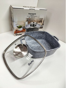 Кастрюля квадратна 4,4 л (24×10 см) з антипригарним покриттям Gusto CERAMIC SNOW сіра