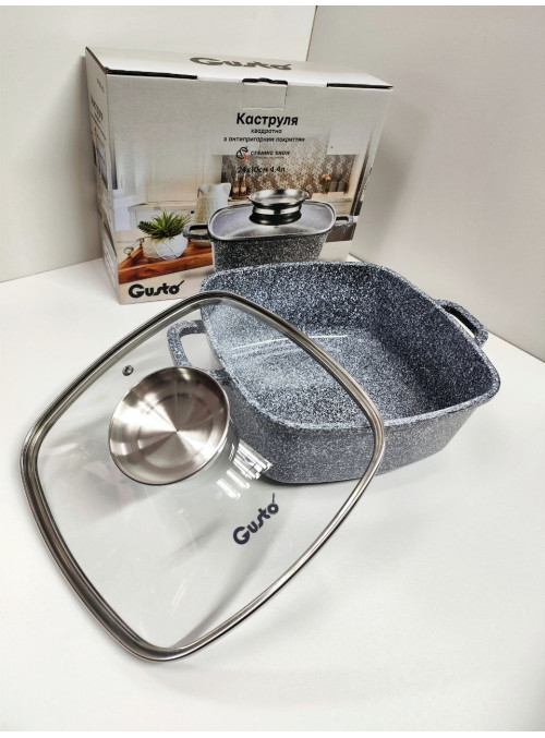 Кастрюля квадратна 4,4 л (24×10 см) з антипригарним покриттям Gusto CERAMIC SNOW сіра